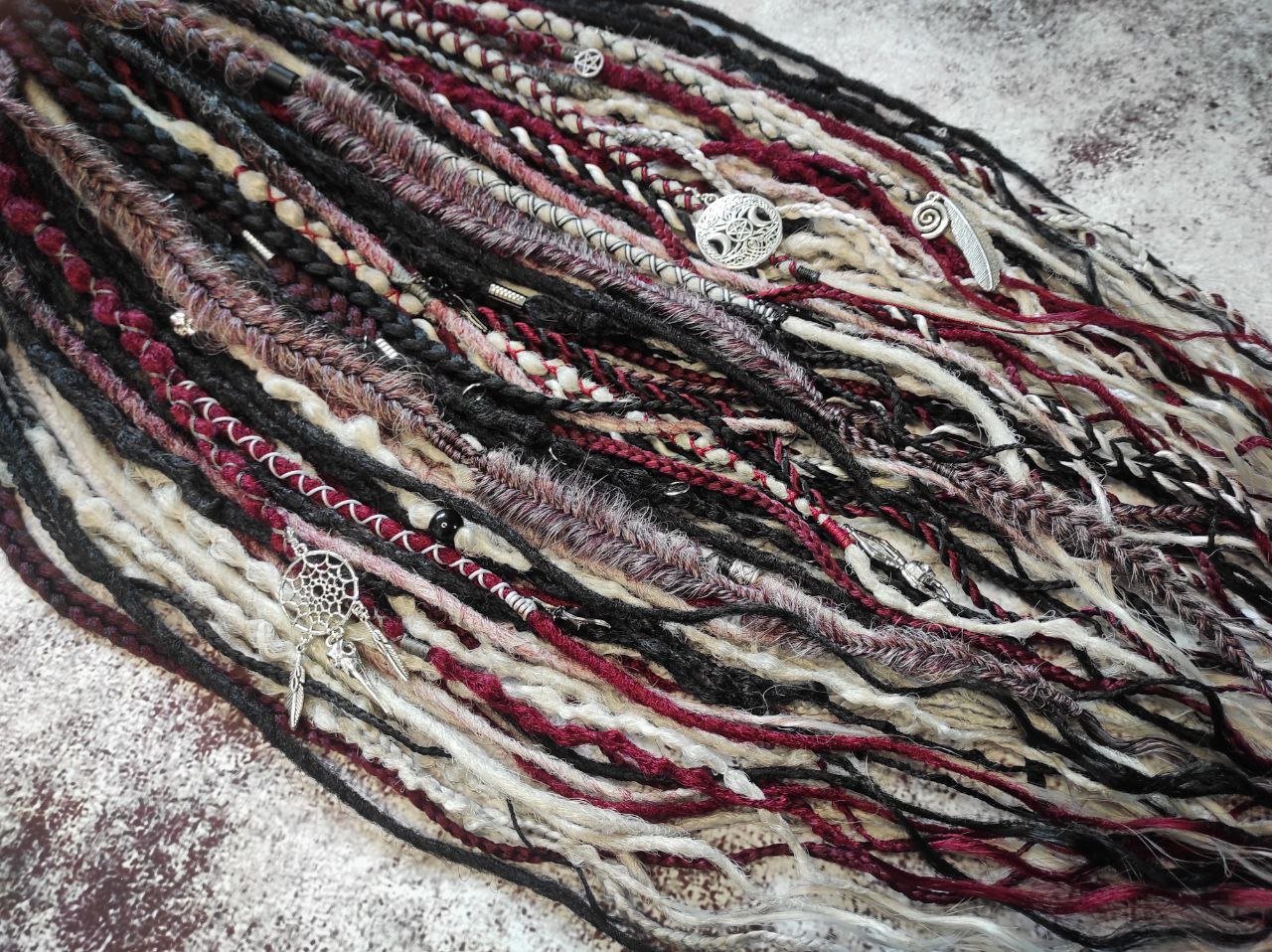 Black Red Grey and Ombre to Red and Grey Synthetic Dreads with Different Braids.