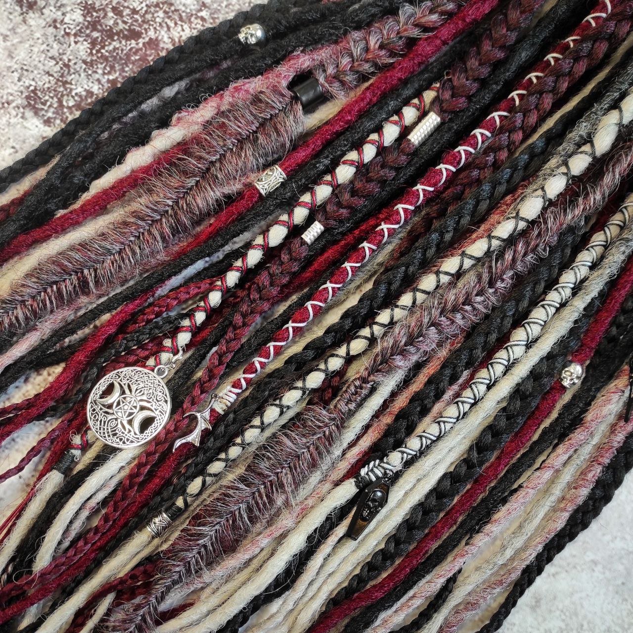 Crochet Synthetic Dreads Black Red and Grey with different Braids and Goth Witchy Decorations