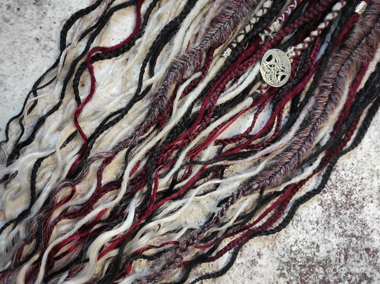Crochet Synthetic Dreads Black Red and Grey with different Braids and Goth Witchy Decorations