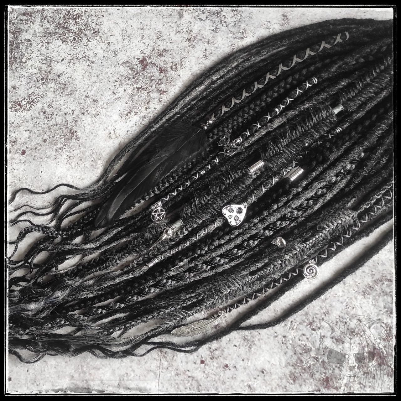 black and dark grey synthetic dreads with braids. Curly Loose Ends and Goth jewelry