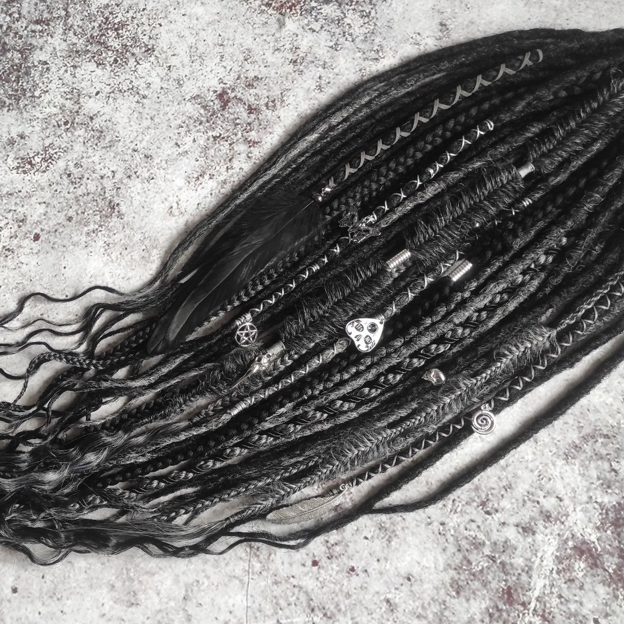 black and dark grey synthetic dreads with braids and goth jewelry