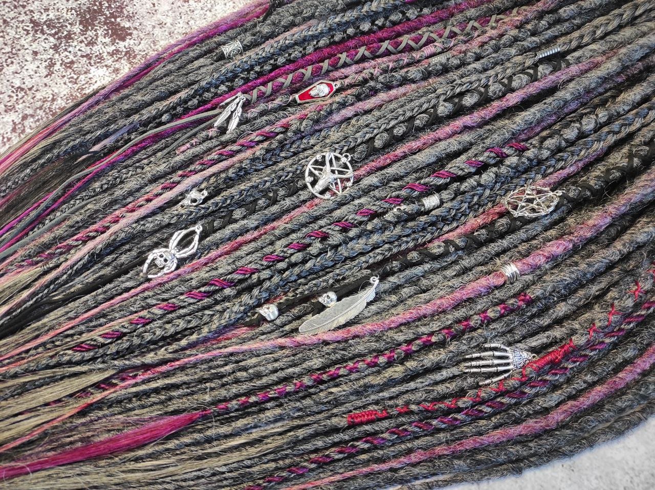 Grey Ashes Dreads and Braids with accents of Magenta and Black