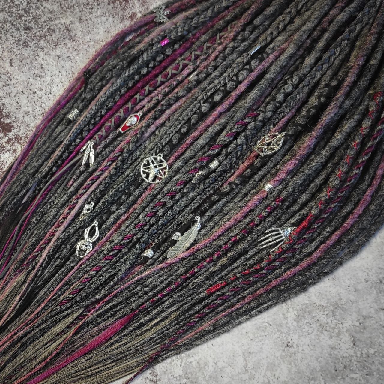 Grey Ashes Dreads and Braids with accents of Magenta and Black