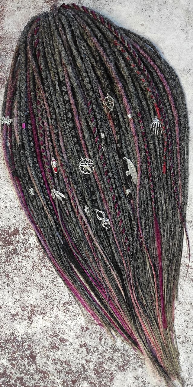 Grey Ashes Dreads and Braids with accents of Magenta and Black