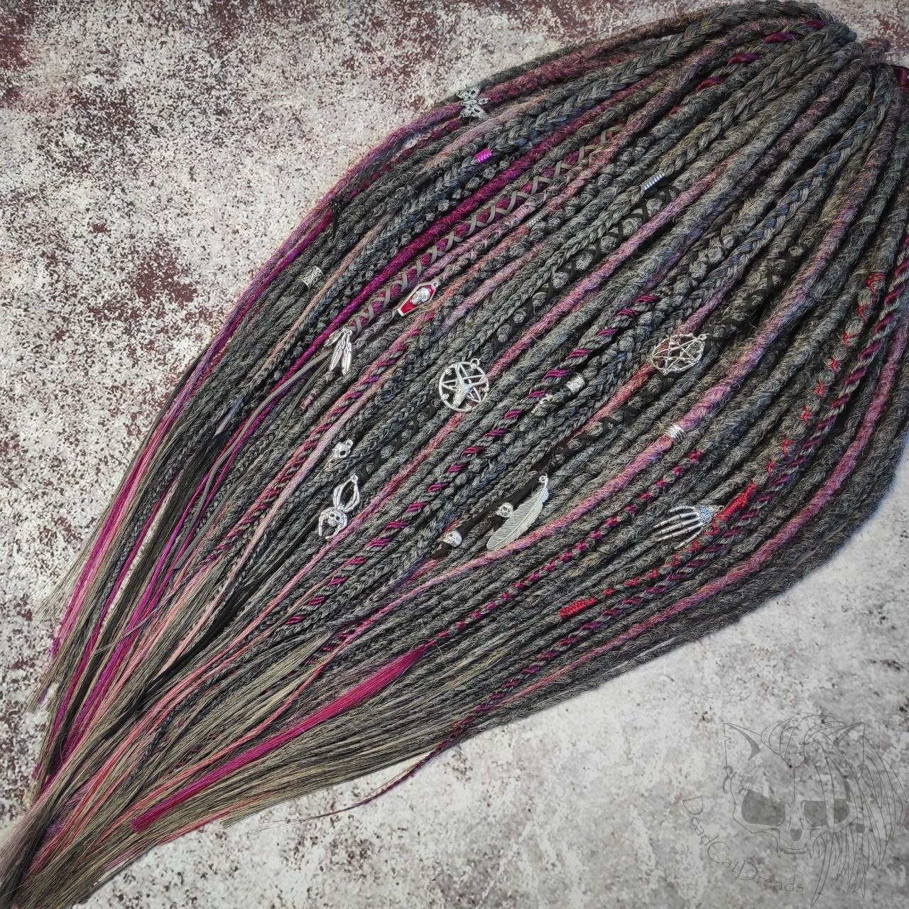 Grey Ashes Dreads and Braids with accents of Magenta and Black