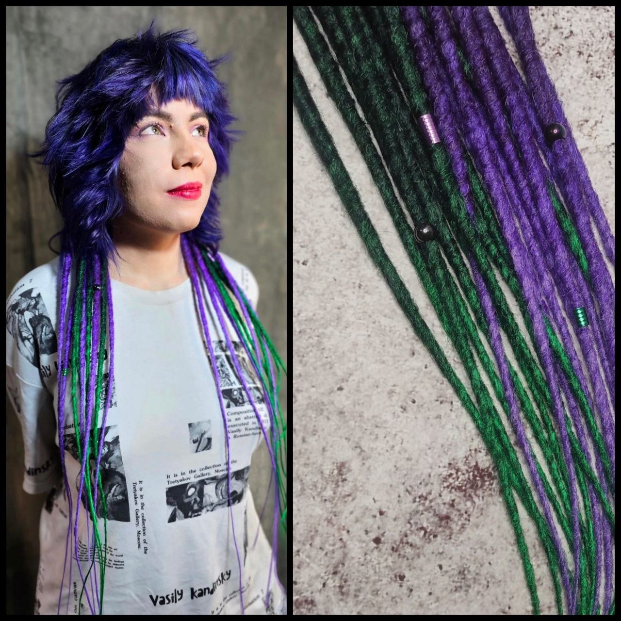 Girl with Purple and Purple Green Dreads on the back of her head