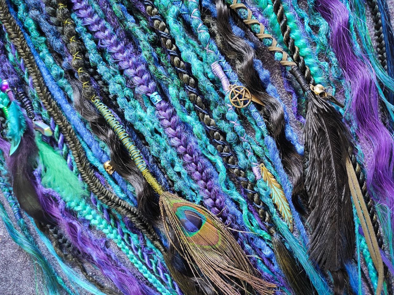 Turquoise Purple Green and Black Ombre Synthetic Dreads with Braids and Curls