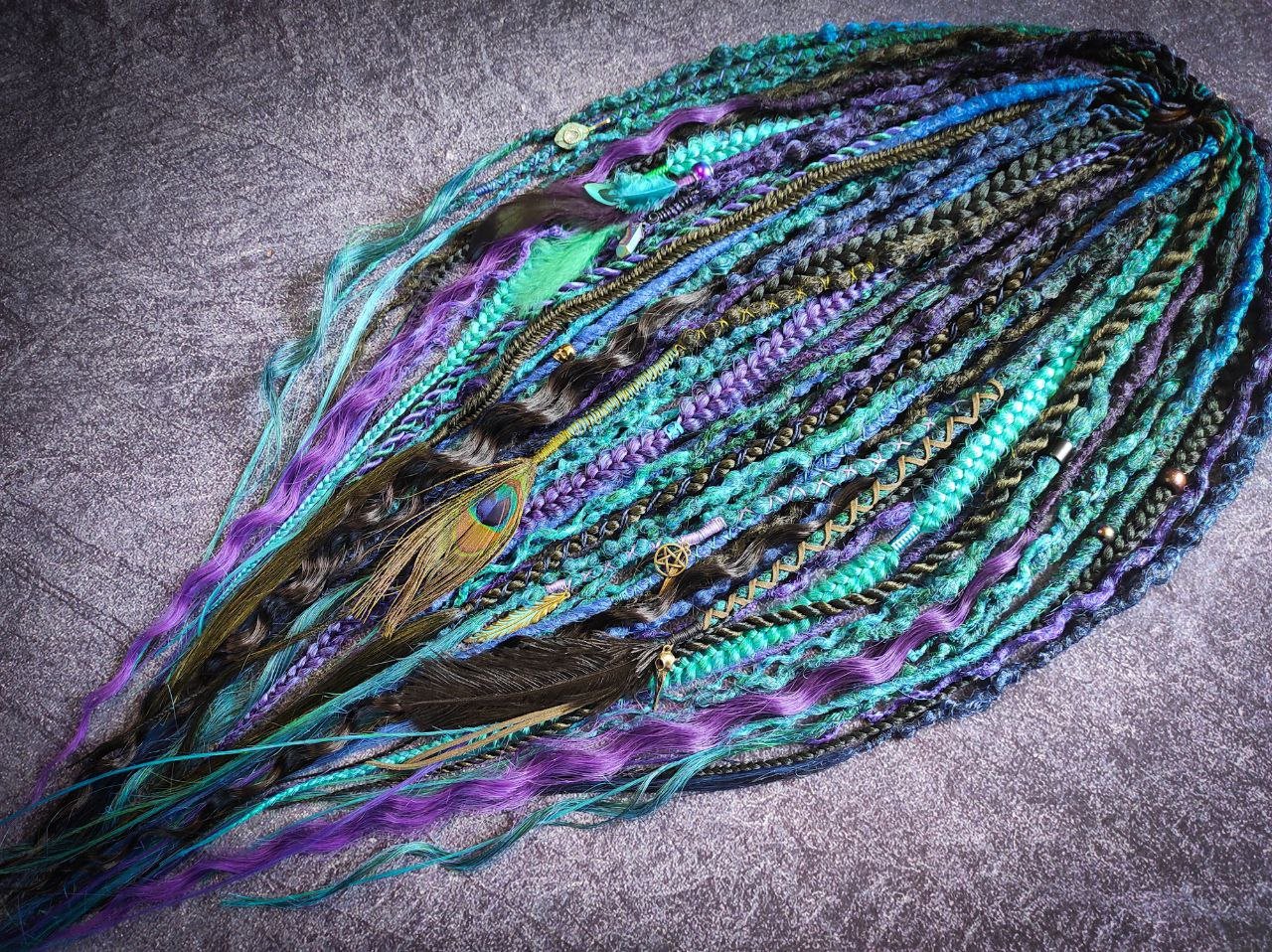 Turquoise Purple Green and Black Ombre Synthetic Dreads with Braids and Curls
