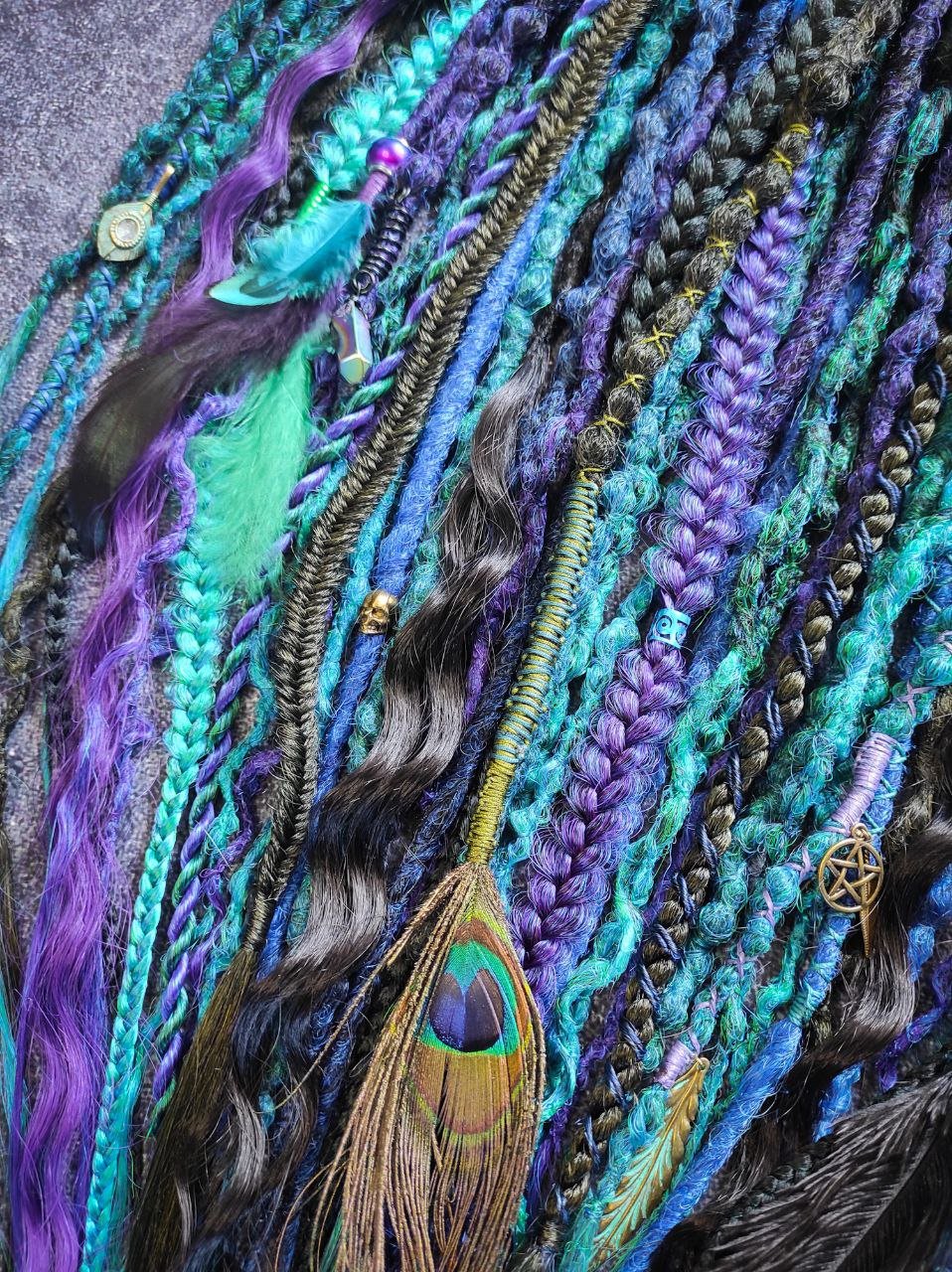 Turquoise Purple Green and Black Ombre Synthetic Dreads with Braids and Curls