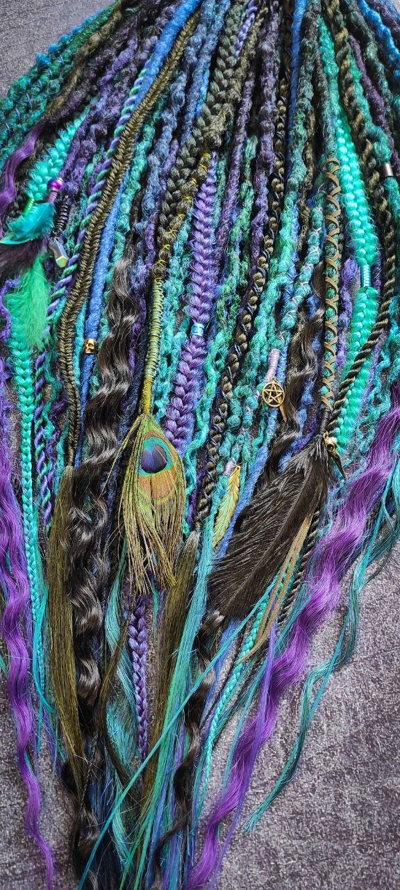 Turquoise Purple Green and Black Ombre Synthetic Dreads with Braids and Curls
