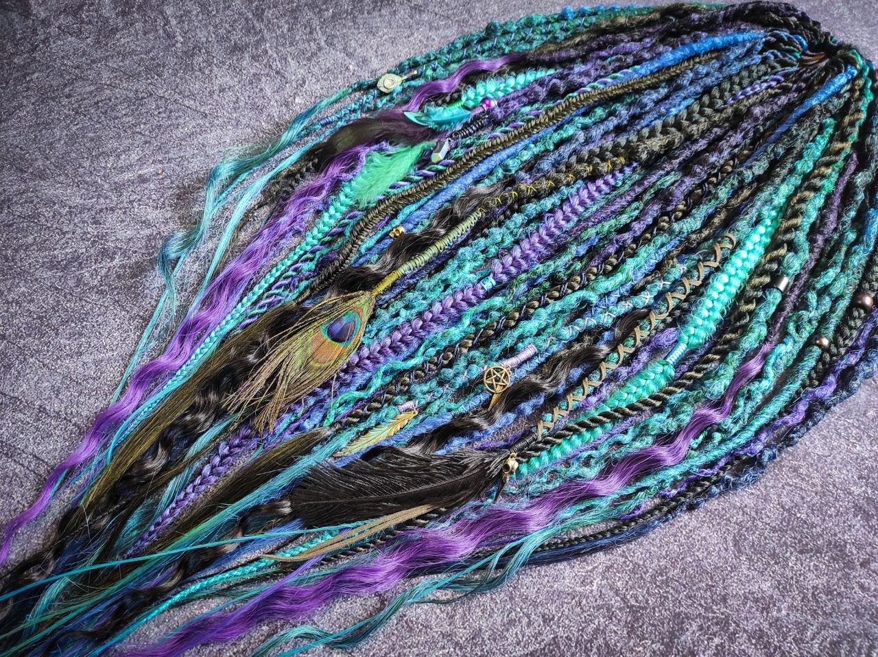 Turquoise Purple Green and Black Ombre Synthetic Dreads with Braids and Curls