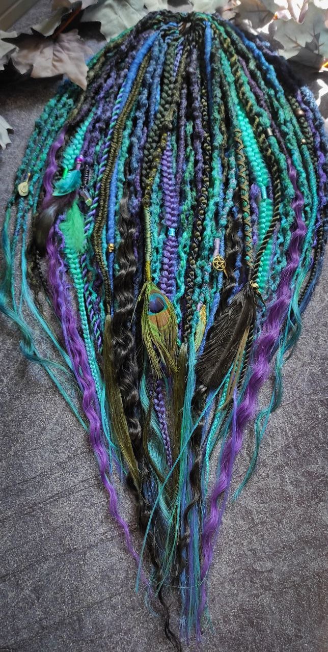 Turquoise Purple Green and Black Ombre Synthetic Dreads with Braids and Curls