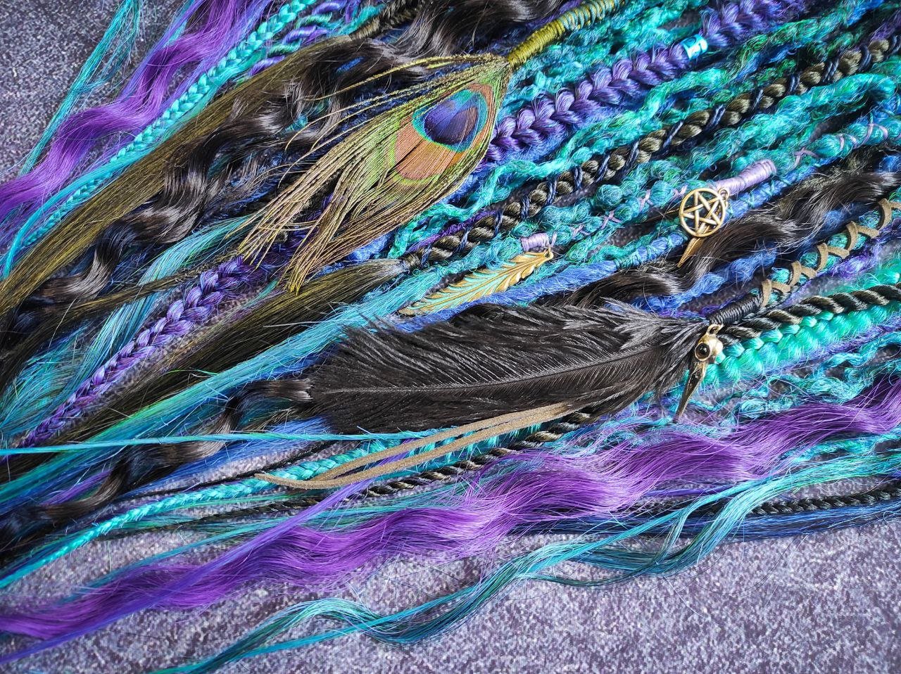 Turquoise Purple Green and Black Ombre Synthetic Dreads with Braids and Curls