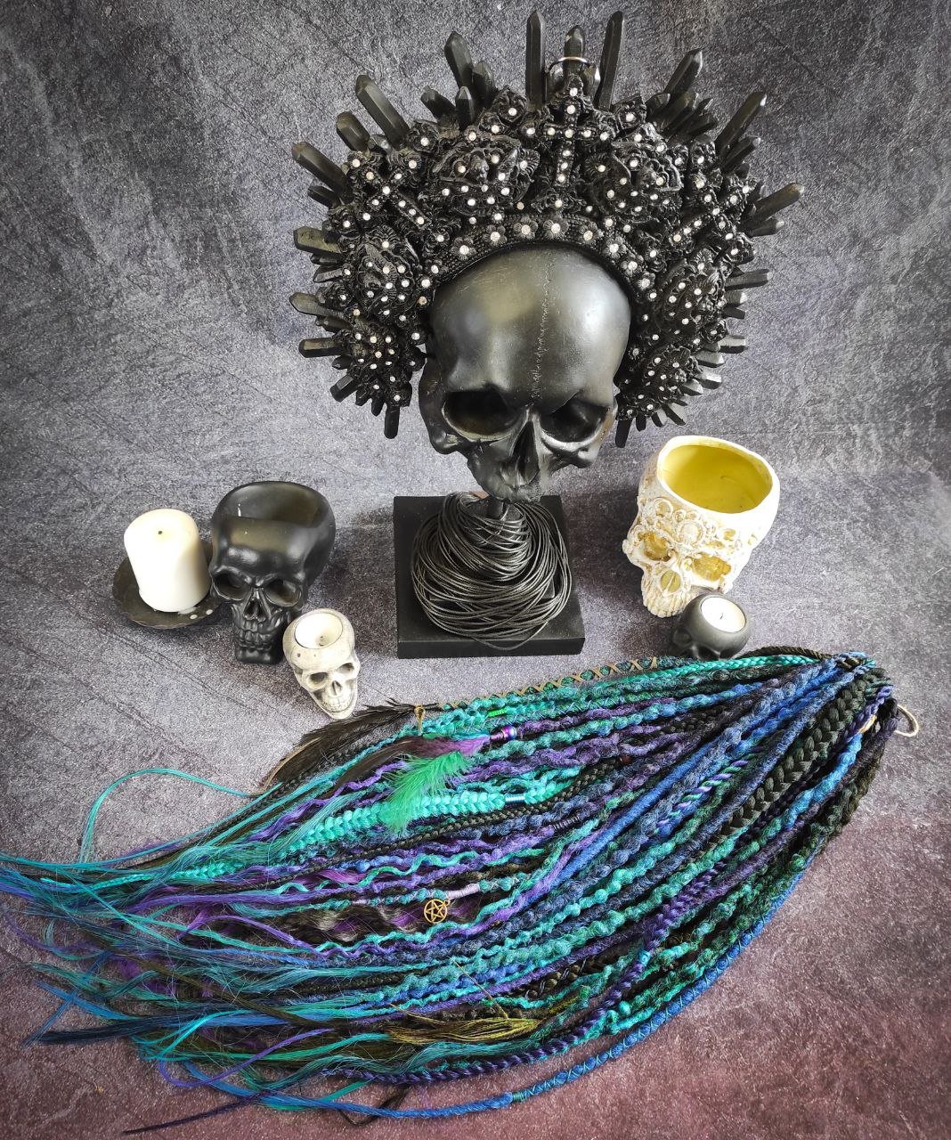 Turquoise Purple Green and Black Ombre Synthetic Dreads with Braids and Curls