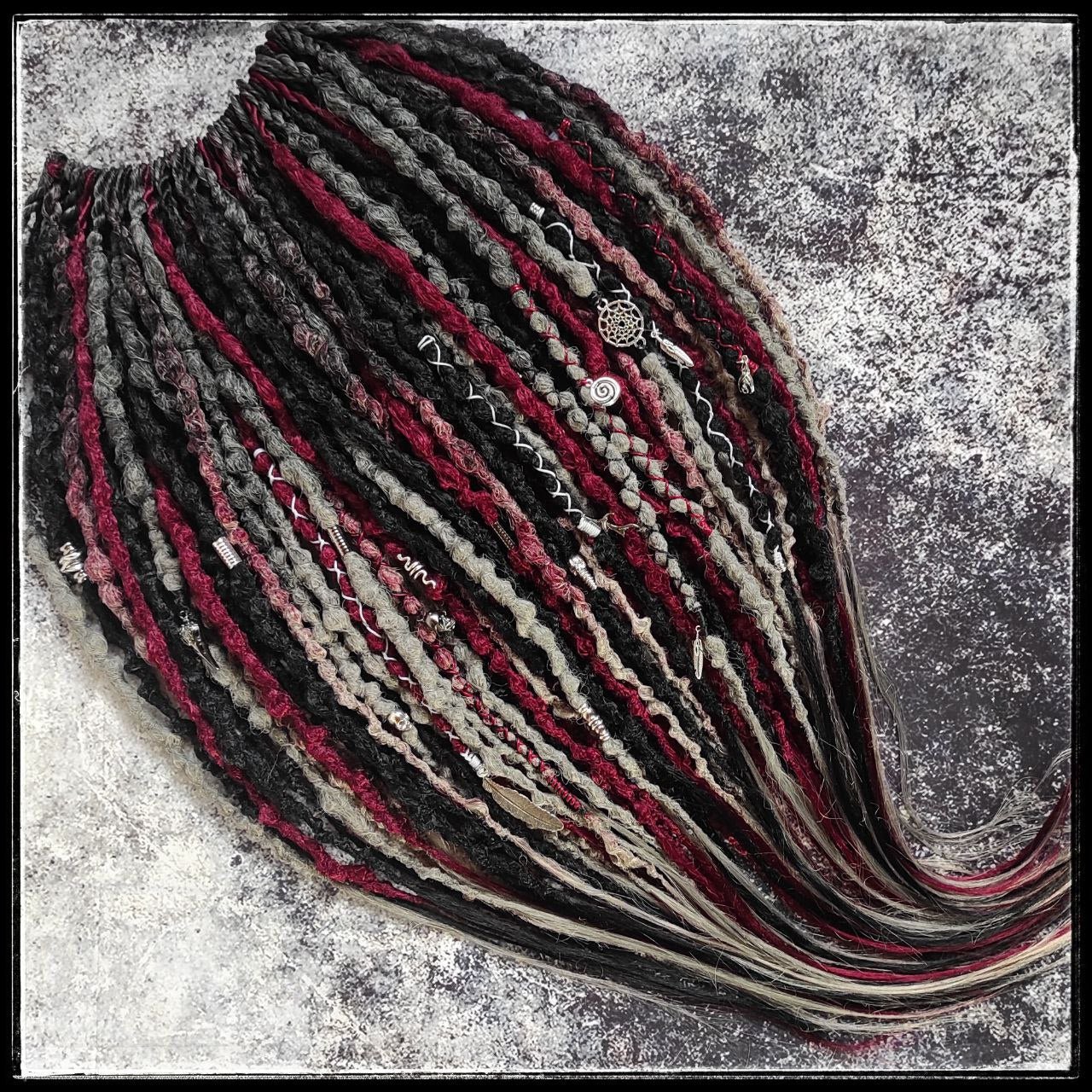 Black and Red with Ombre to Red and Grey Synthetic Dreads