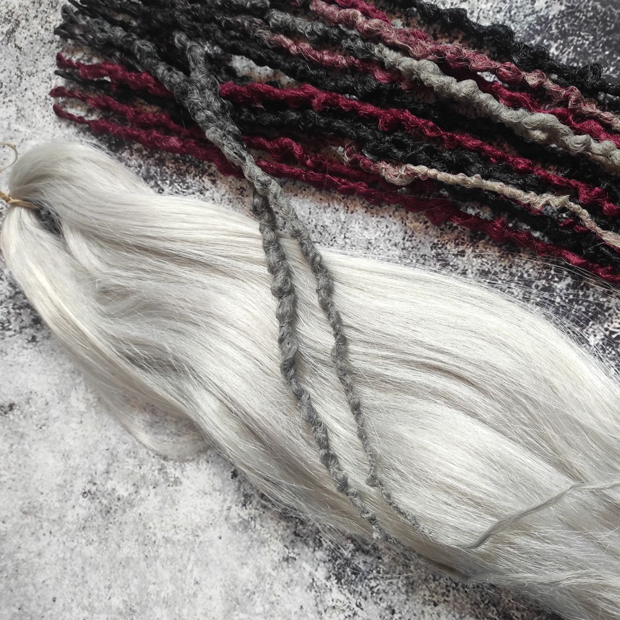 Black and Red with Ombre to Red and Grey Synthetic Dreads