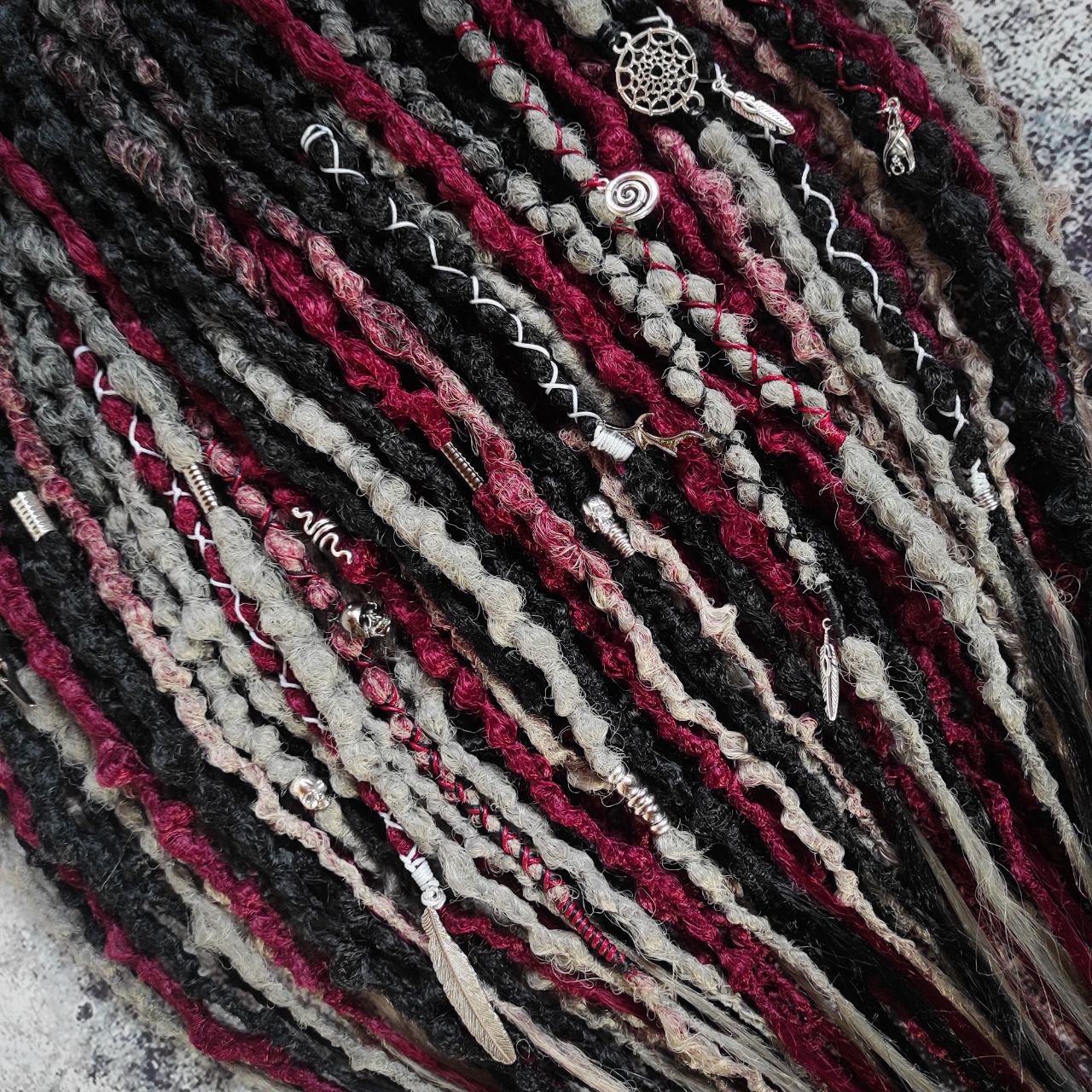 Black and Red with Ombre to Red and Grey Synthetic Dreads