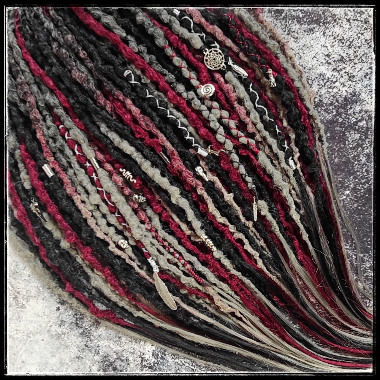 Black and Red with Ombre to Red and Grey Synthetic Dreads