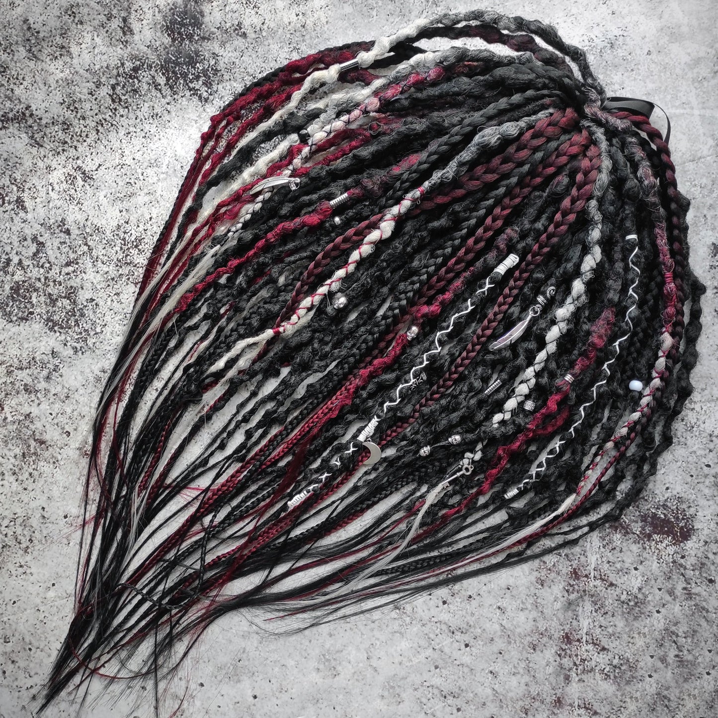 Black Solid with Red and Grey Ombre Synthetic Dreads