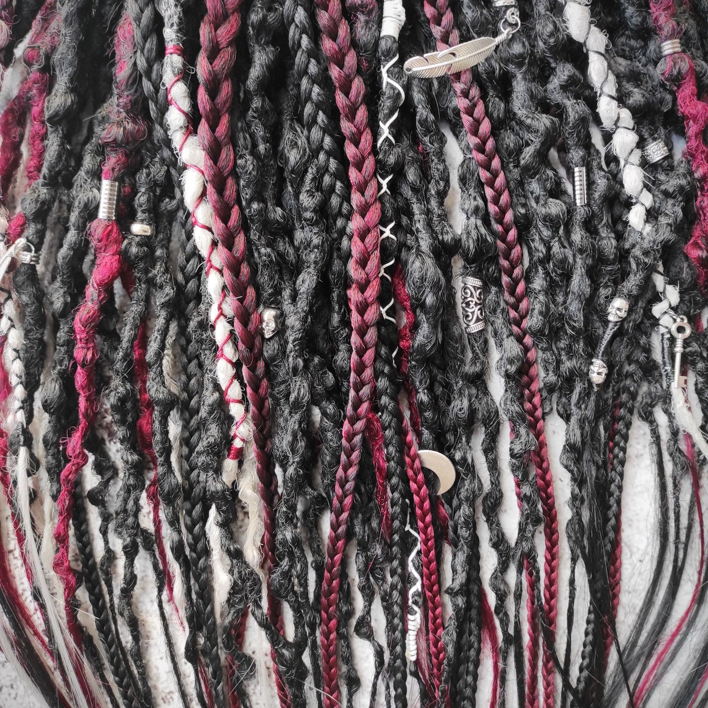 Black Solid with Red and Grey Ombre Synthetic Dreads