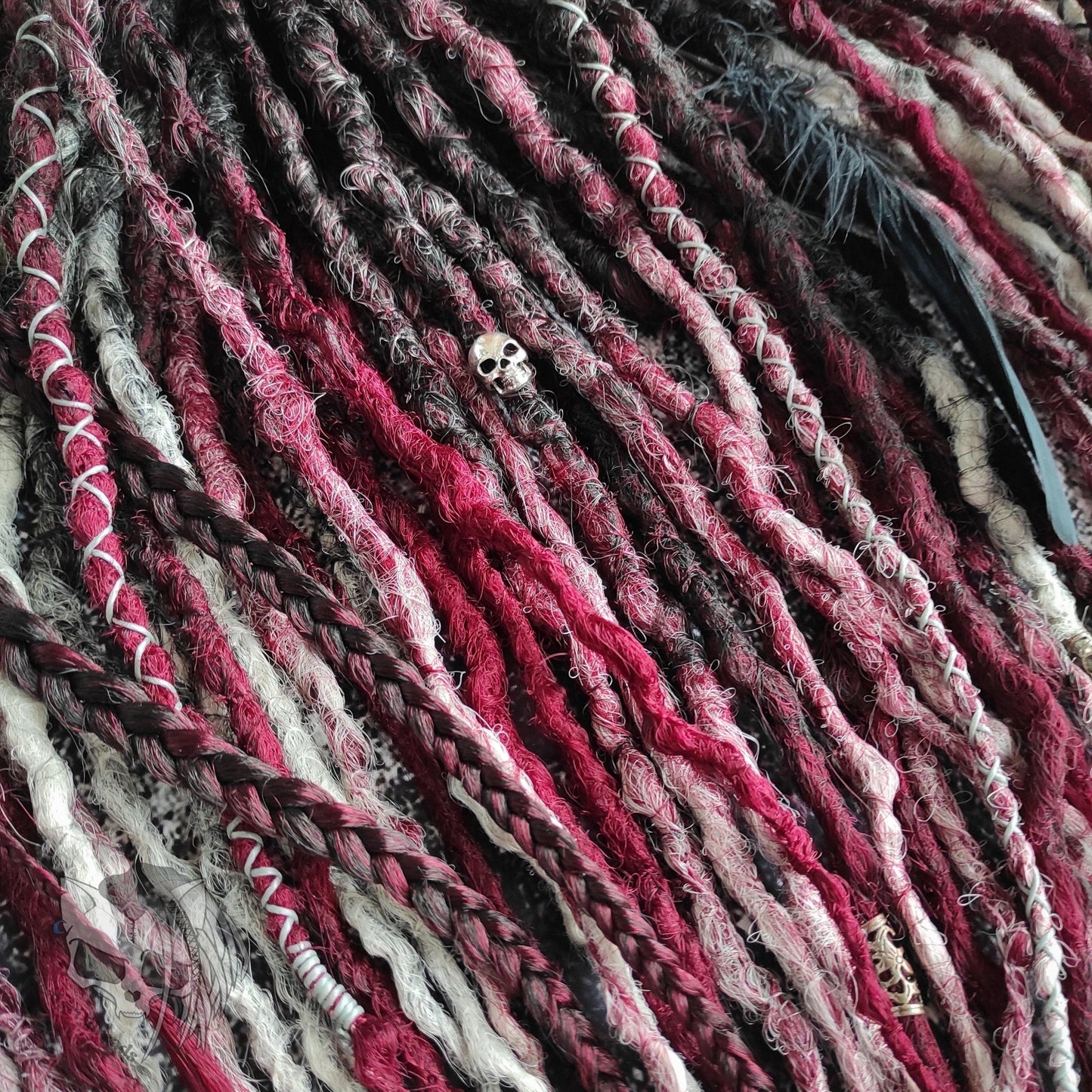 Black to Red and Grey Ombre Synthetic Dreads with Braids.
