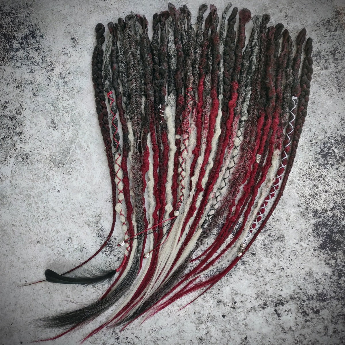Black to Red and Grey Ombre Synthetic Dreads with Braids.