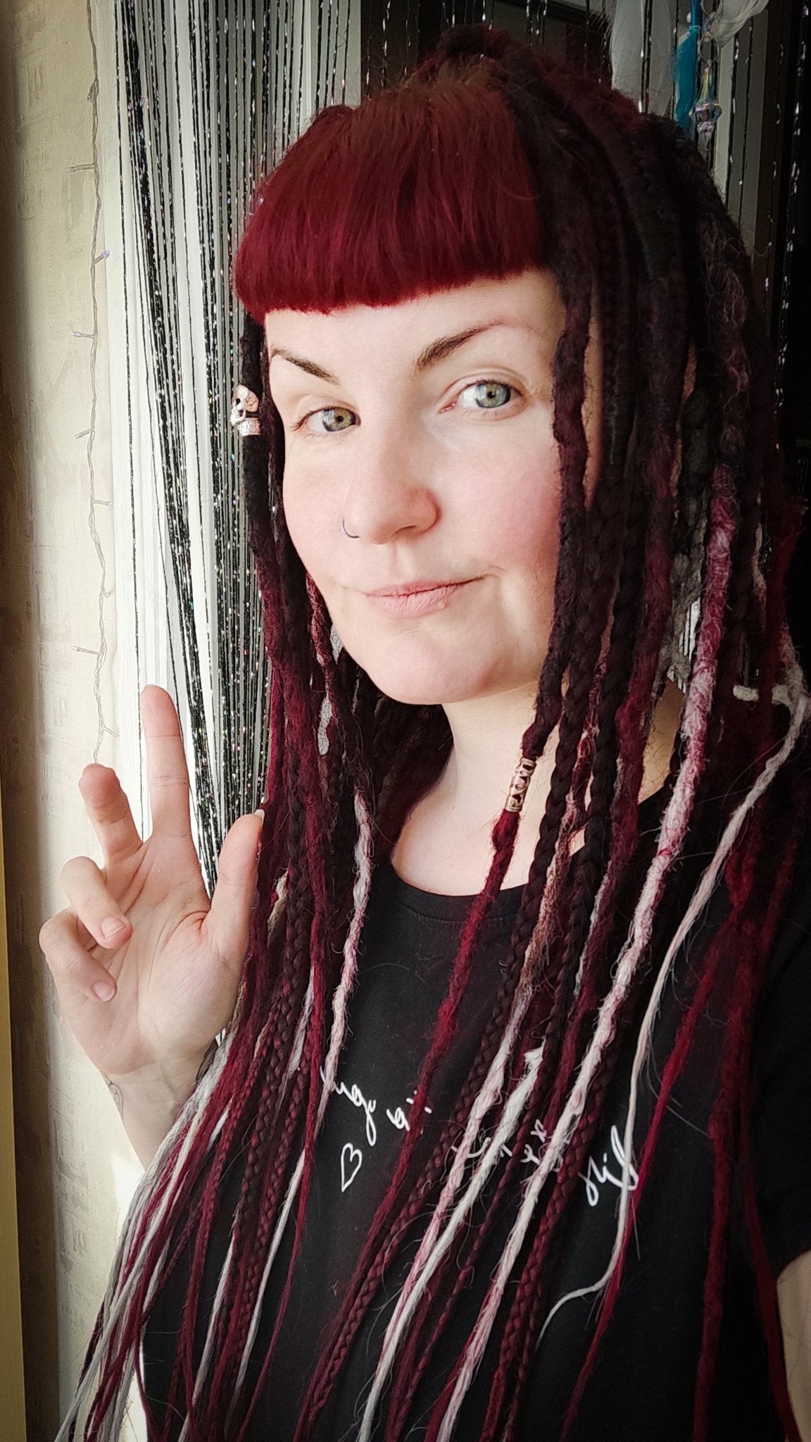 Black to Red and Grey Ombre Synthetic Dreads with Braids.