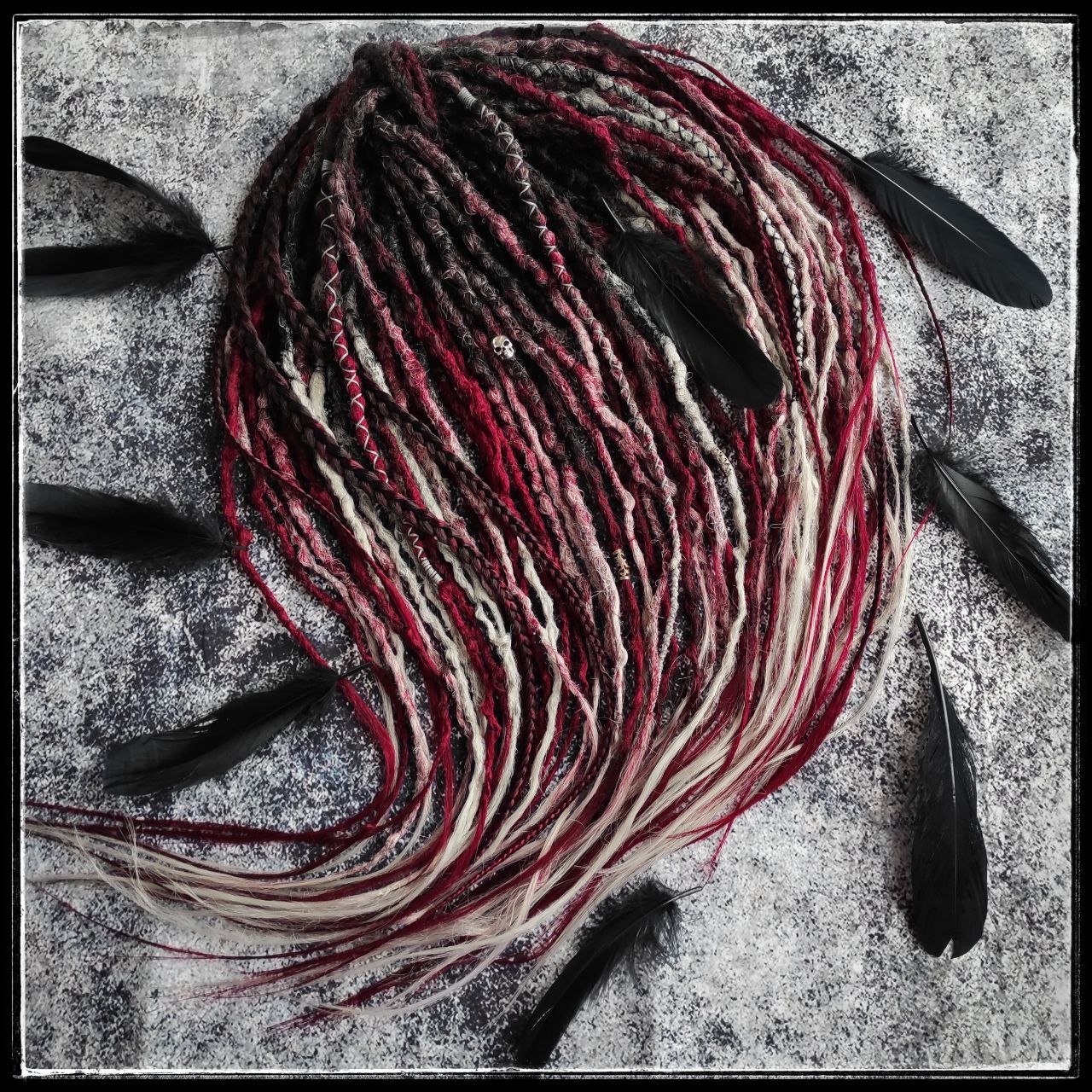 Black to Red and Grey Ombre Synthetic Dreads with Braids.