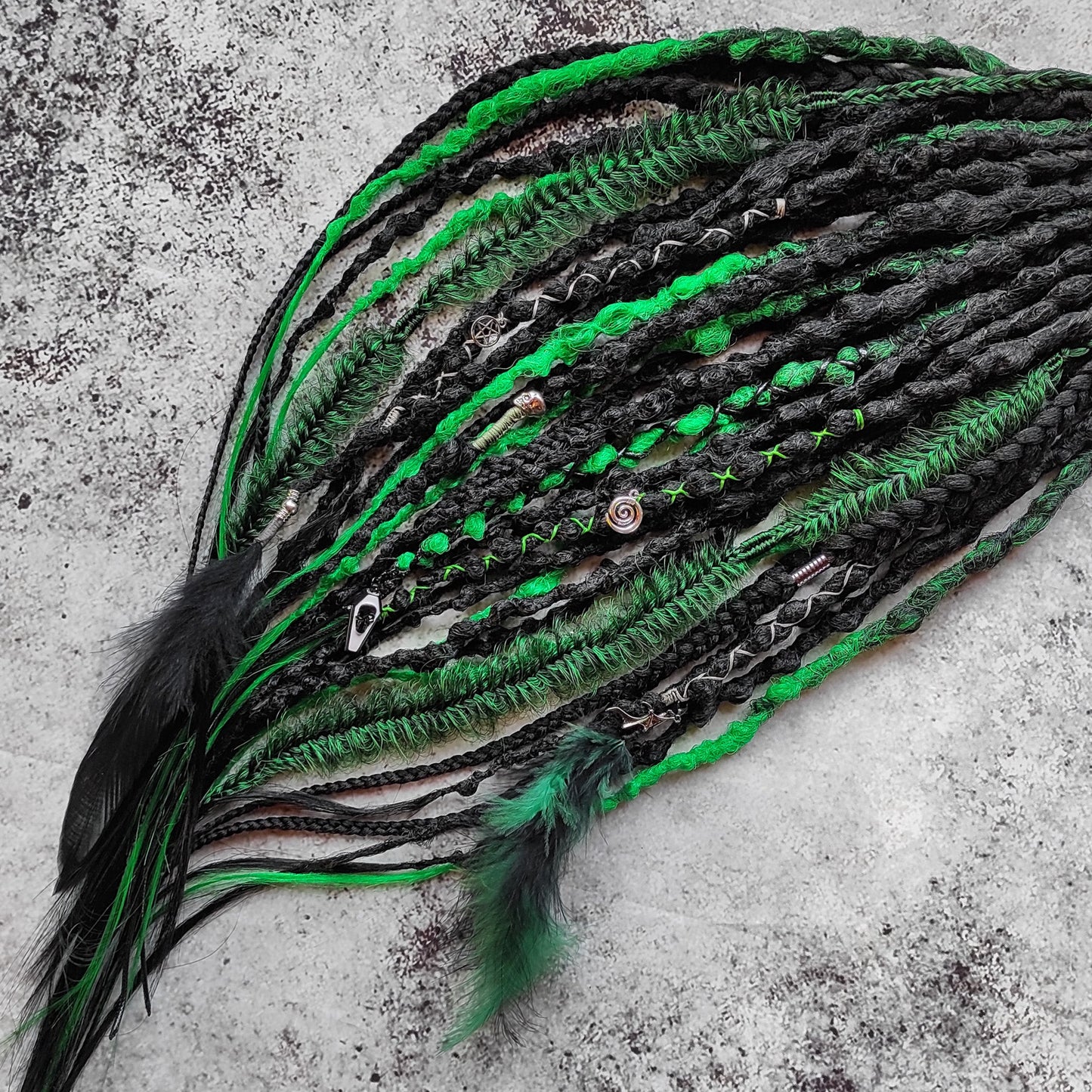 Goth Dreadlocks Black and Green with Feathers