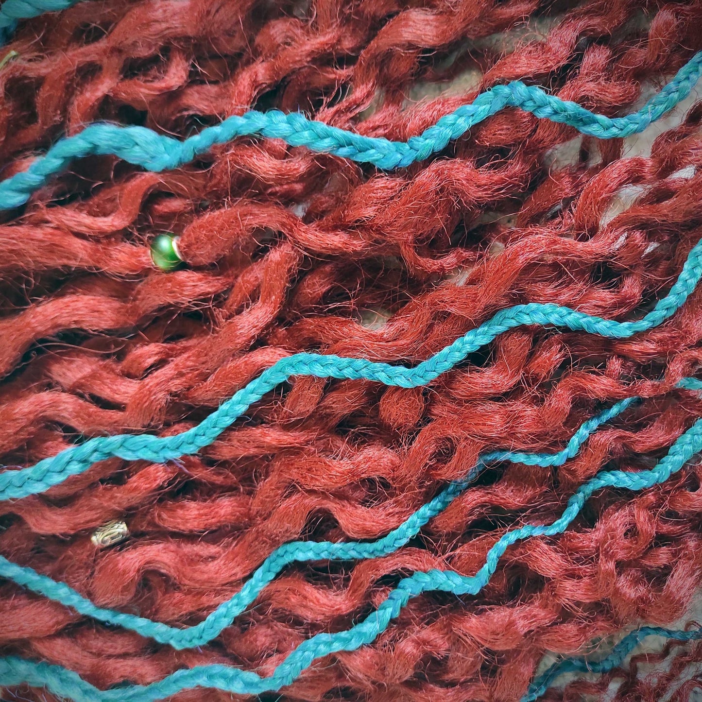 Bright Red Ginger and Green Curly Dreads Extensions.