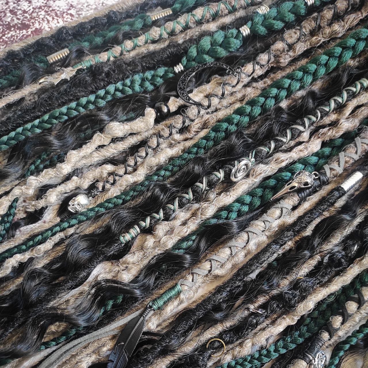 Dark Forest Elf Dreads Gray Black and Green with Curls