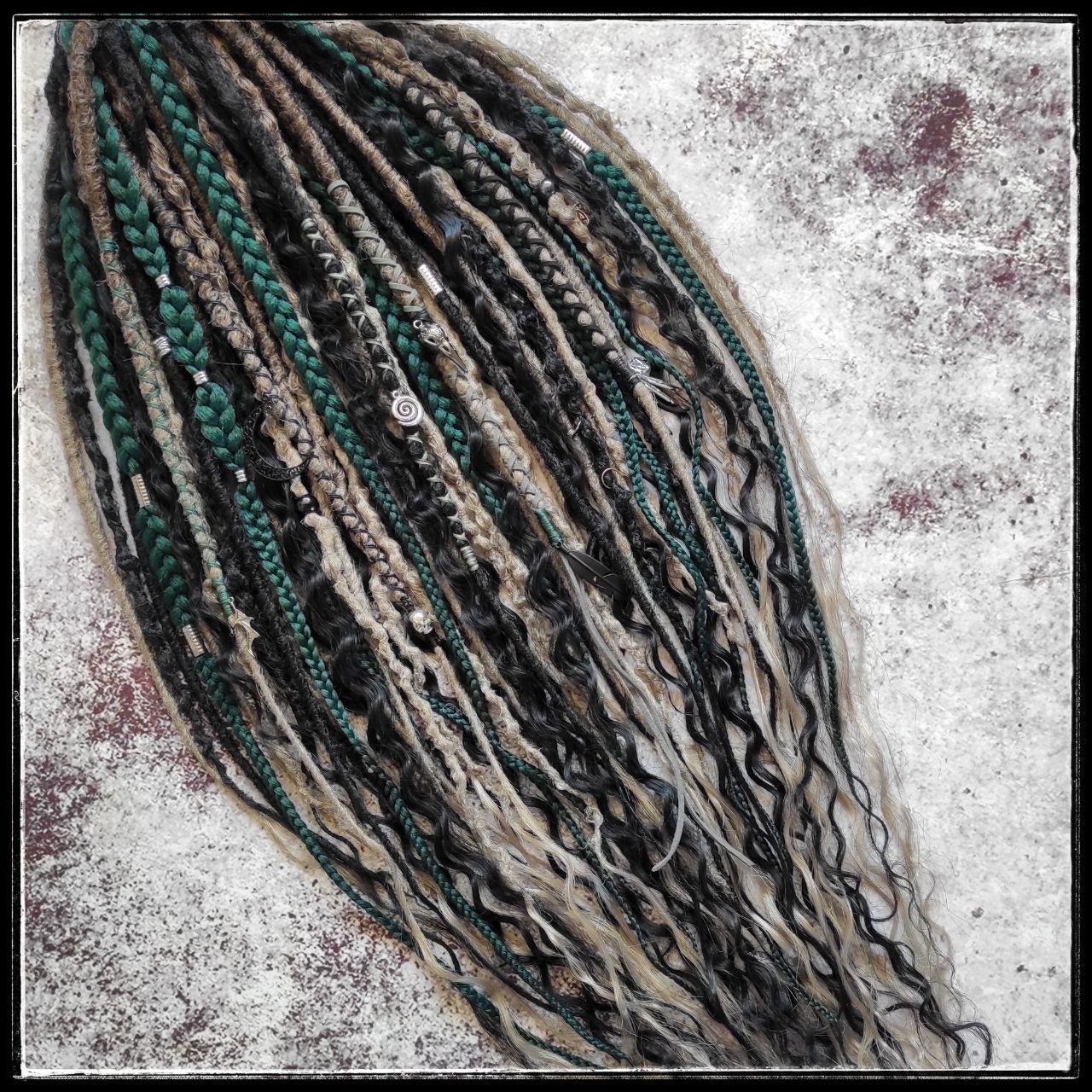 Dark Forest Elf Dreads Gray Black and Green with Curls