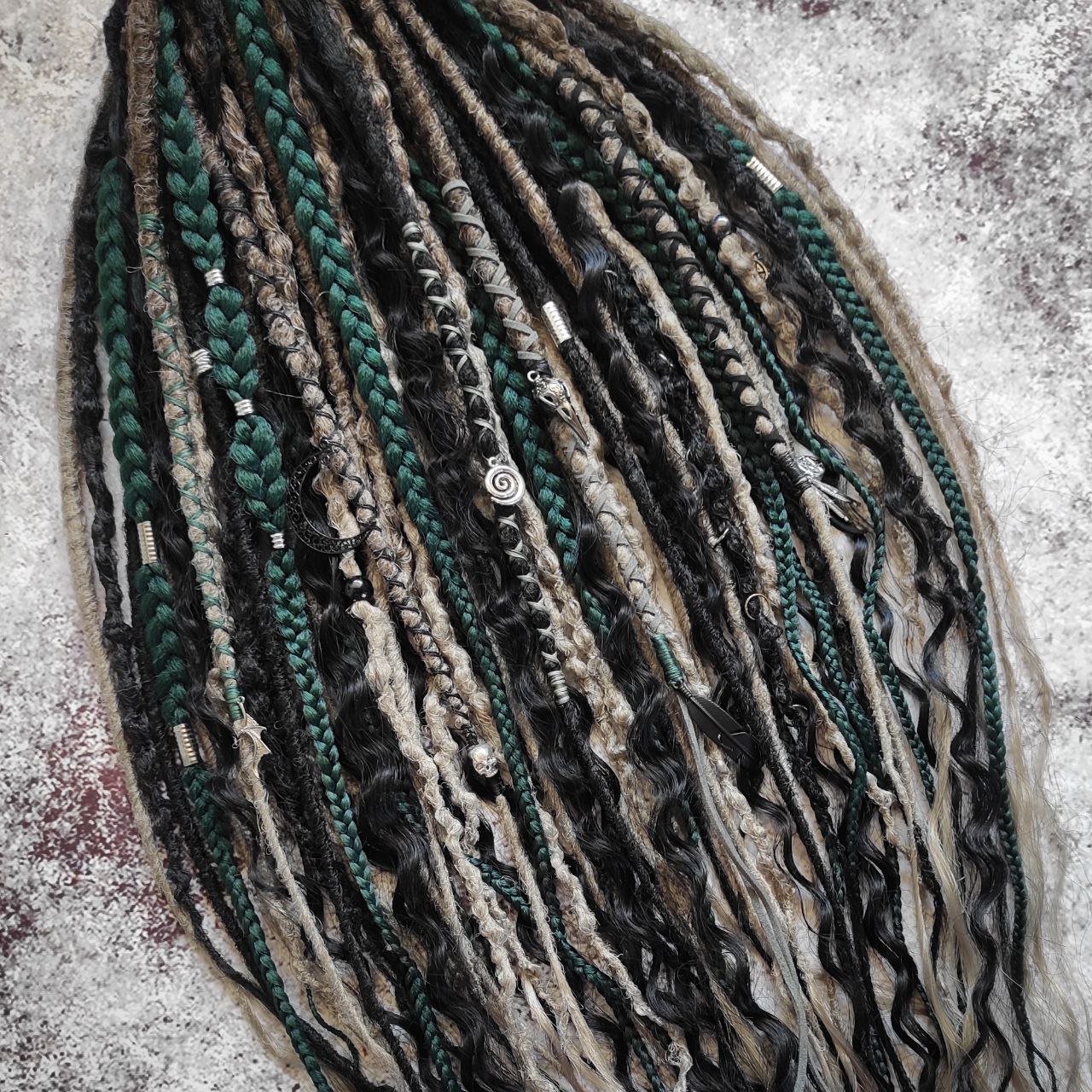 Dark Forest Elf Dreads Gray Black and Green with Curls