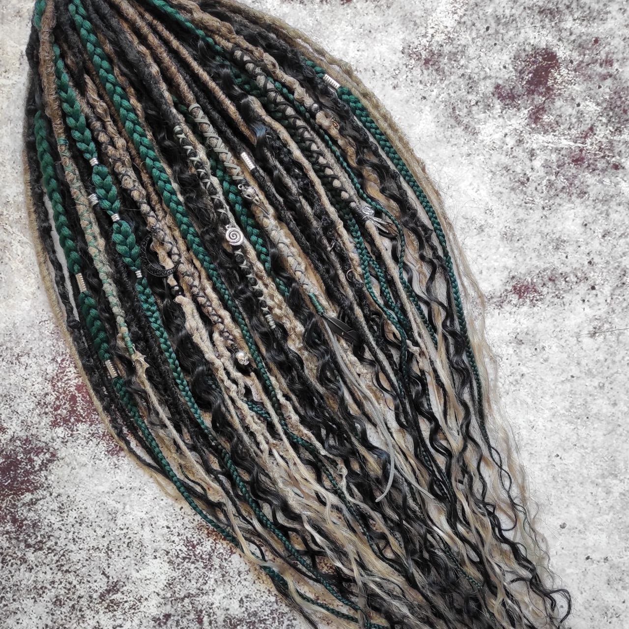 Dark Forest Elf Dreads Gray Black and Green with Curls