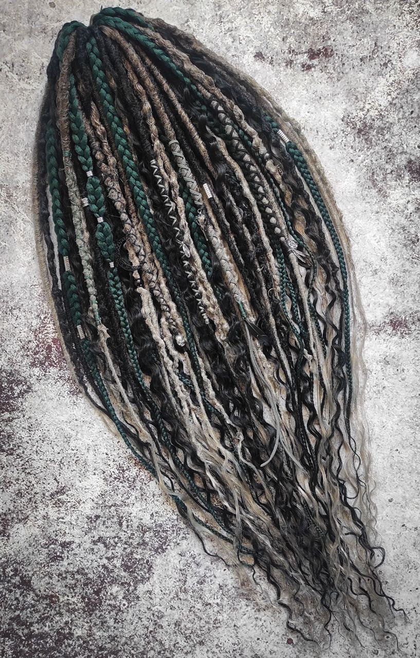 Dark Forest Elf Dreads Gray Black and Green with Curls