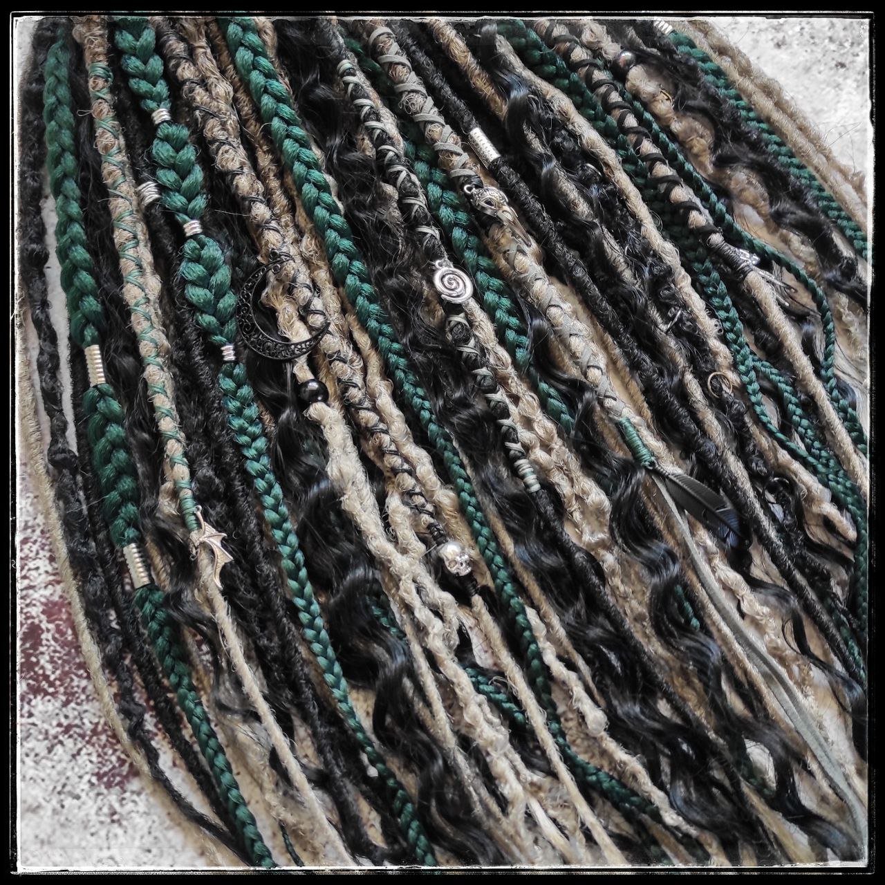 Dark Forest Elf Dreads Gray Black and Green with Curls