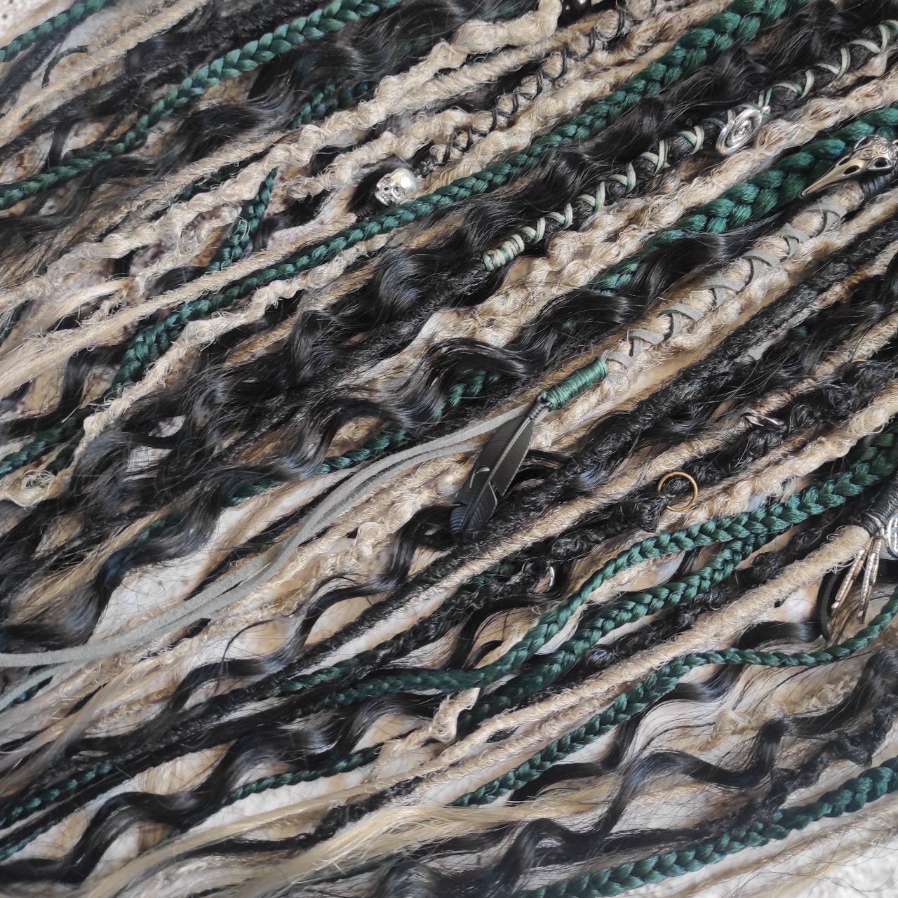 Dark Forest Elf Dreads Gray Black and Green with Curls