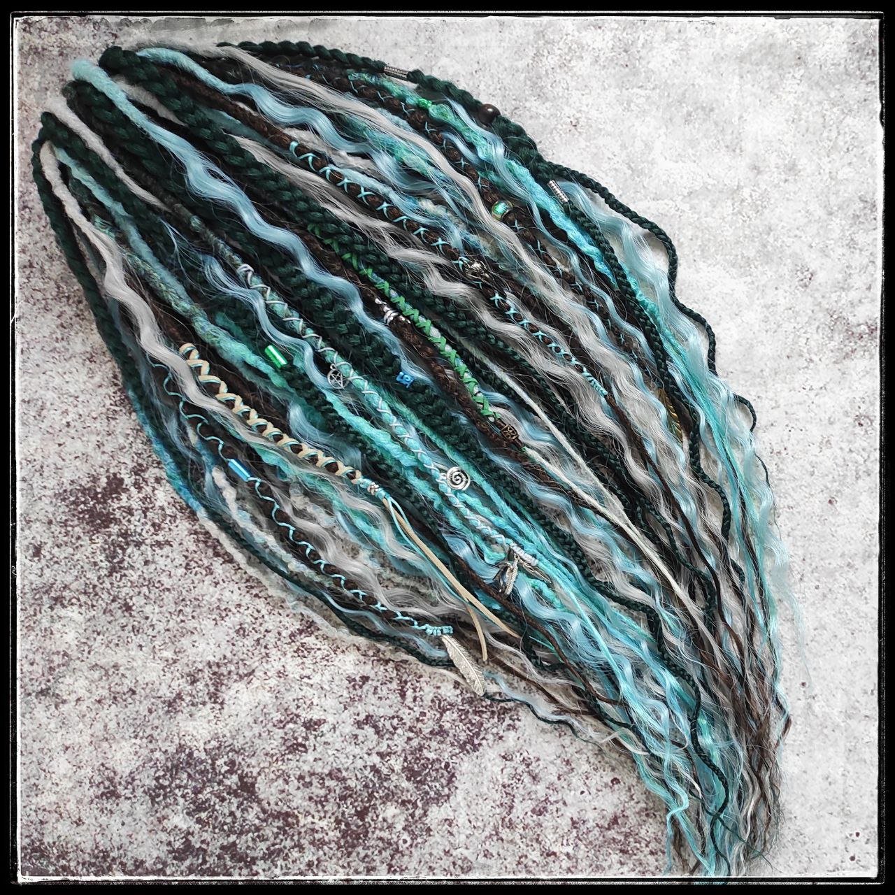 Brown Green Synthetic Dreads with Blue and Gray Curls