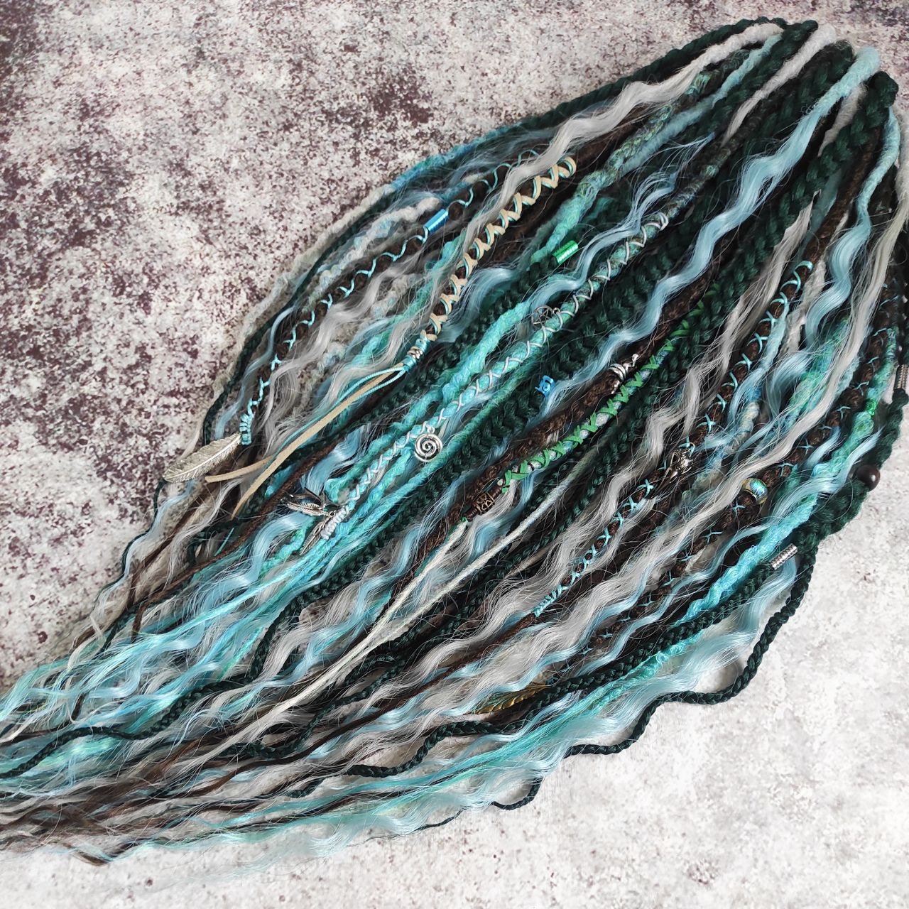 Brown Green Synthetic Dreads with Blue and Gray Curls and Emerald Braids