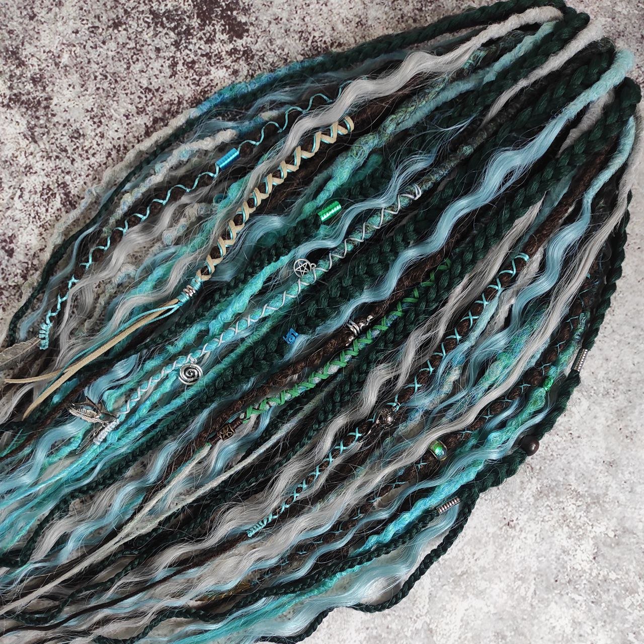 Brown Green Synthetic Dreads with Blue and Gray Curls and Emerald Braids