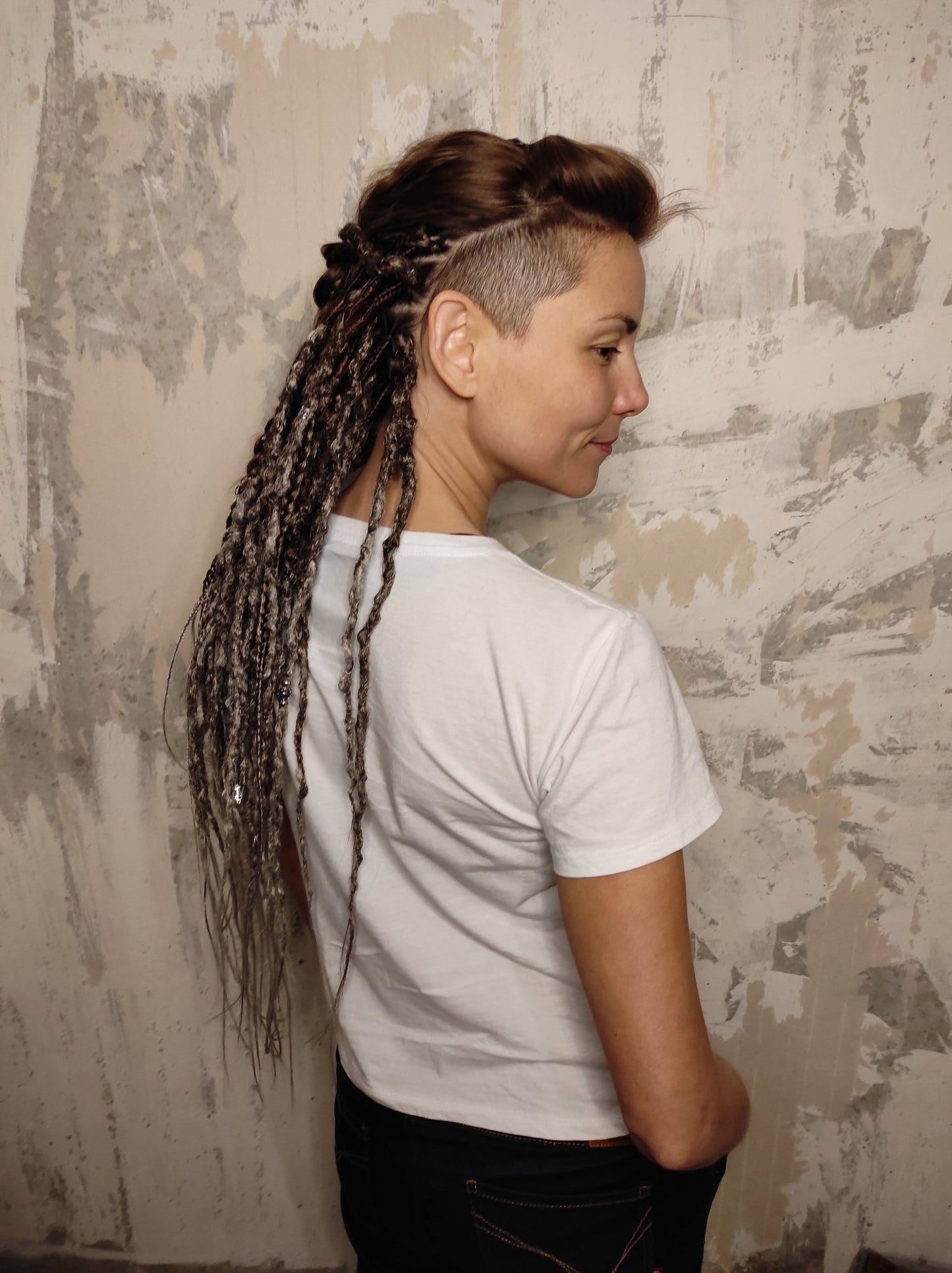 Girl with Brown to Grey Ombre Boho Dreads Extensions.