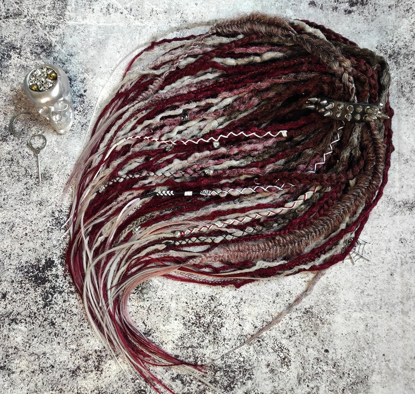 Brown to Red and Grey Ombre Synthetic Dreads with Braids