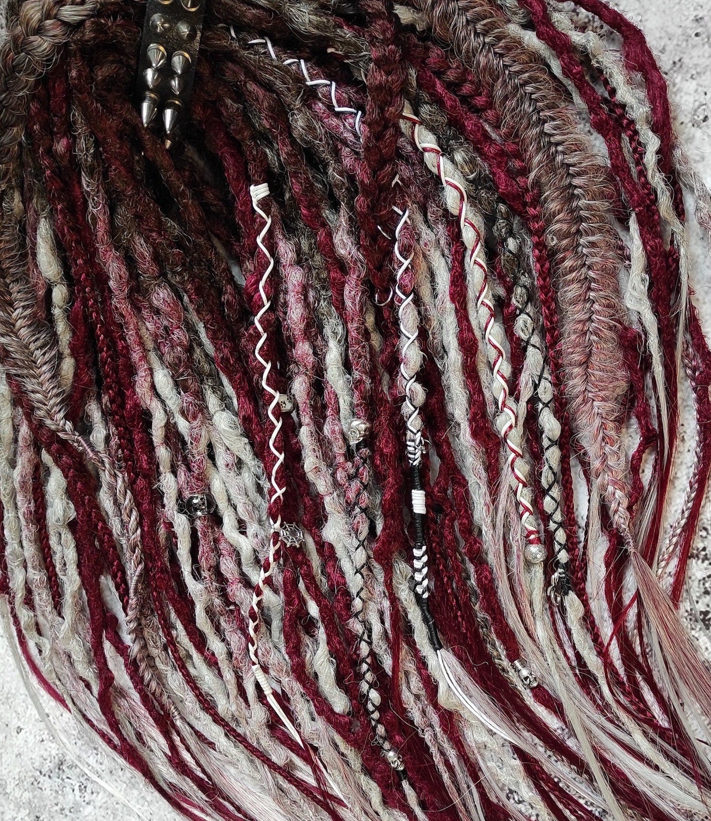 Brown to Red and Grey Ombre Synthetic Dreads with Braids