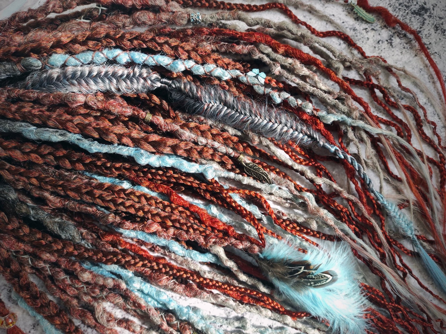 Brown to Red Ginger Gray and Blue Ombre Synthetic Dreads with Curly Braids. Boho/Textured.