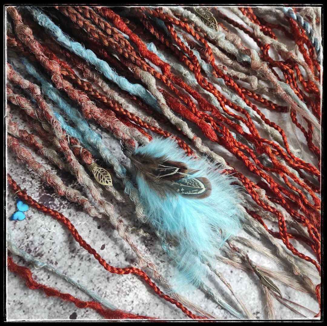 Brown to Red Ginger Gray and Blue Ombre Synthetic Dreads with Curly Braids