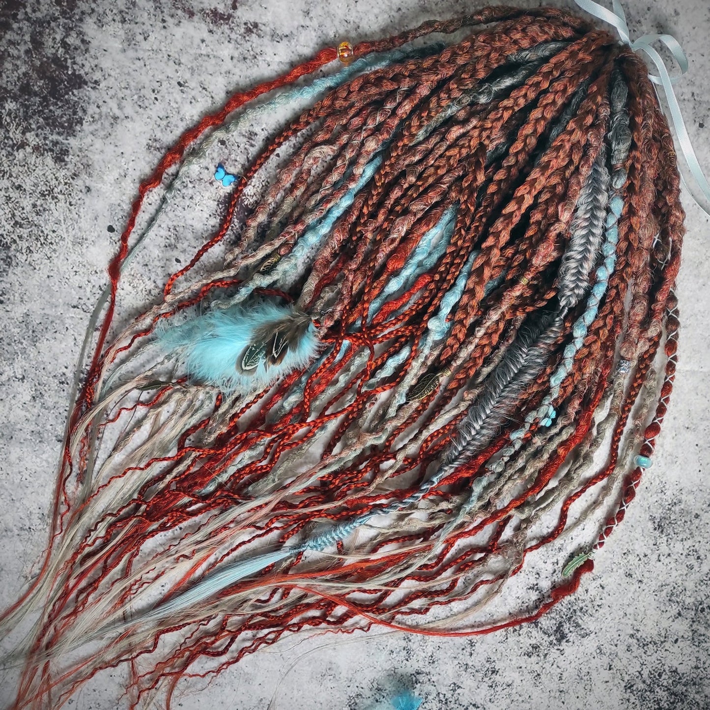 Brown to Red Ginger Gray and Blue Ombre Synthetic Dreads with Curly Braids. Boho/Textured.