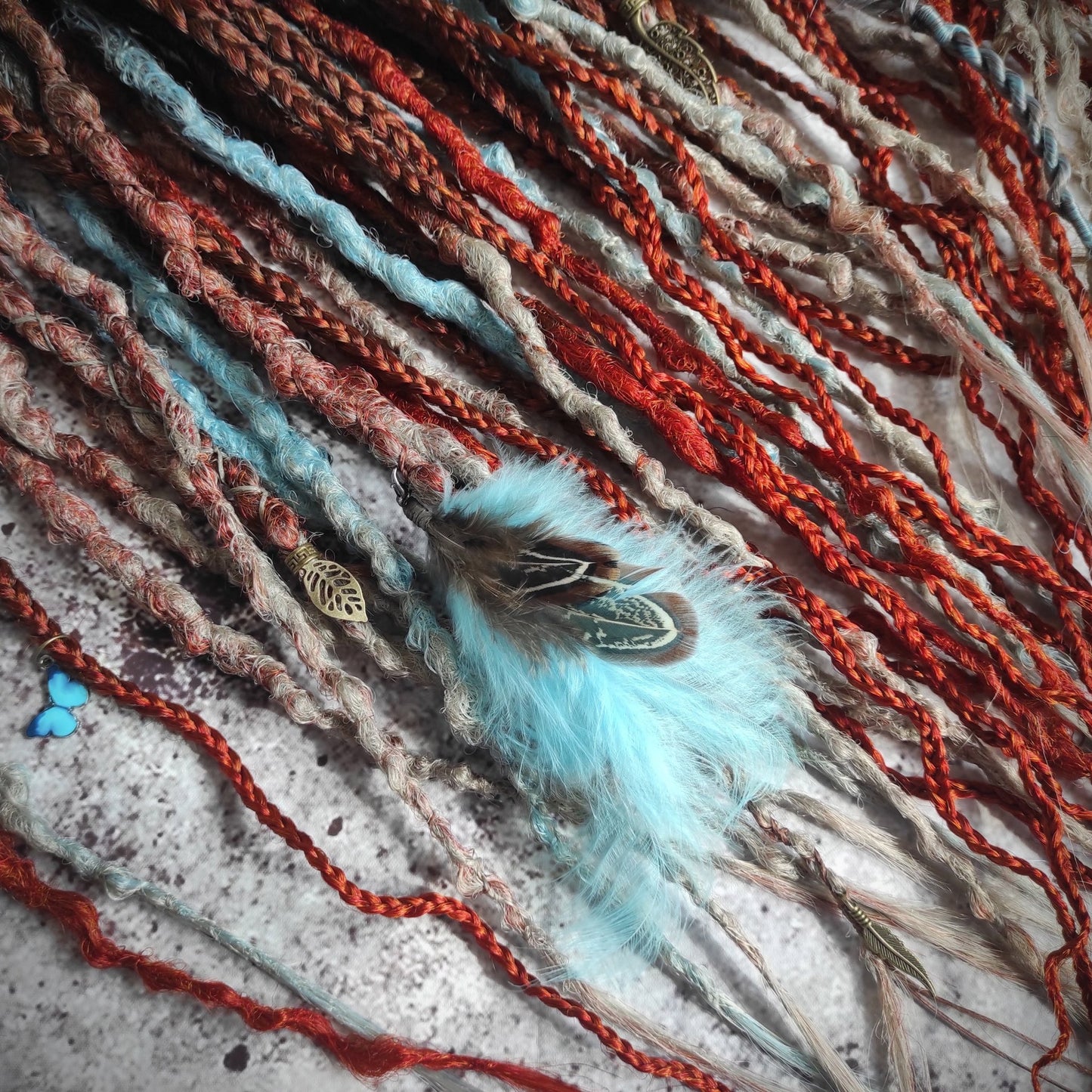 Brown to Red Ginger Gray and Blue Ombre Synthetic Dreads with Curly Braids. Boho/Textured.