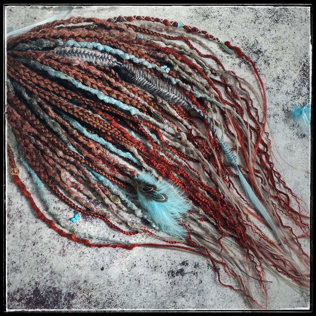 Brown to Red Ginger Gray and Blue Ombre Synthetic Dreads with Curly Braids