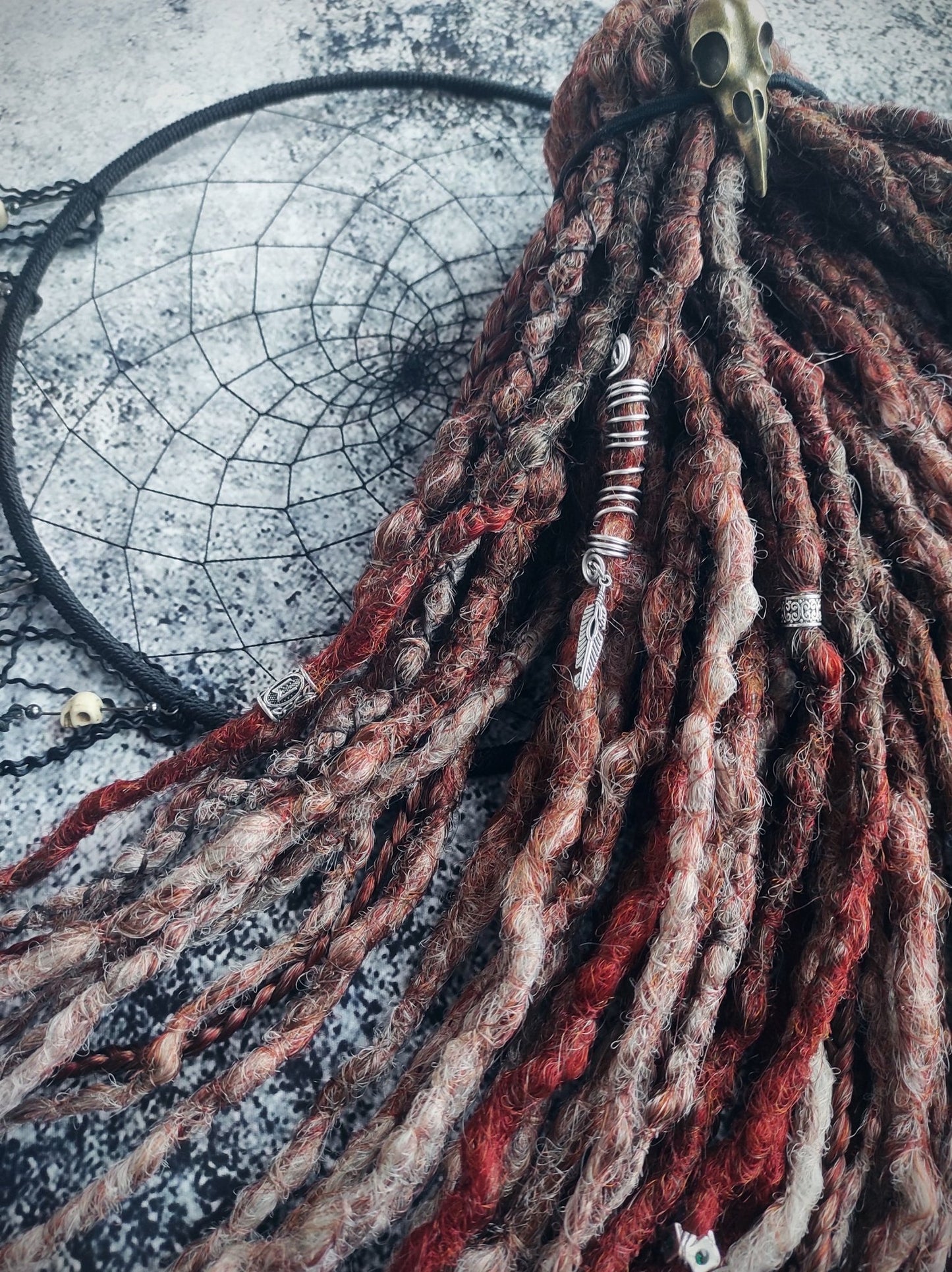 Brown with Red Ginger and Gray Ombre Synthetic Dreads with Braids. Boho/Textured.