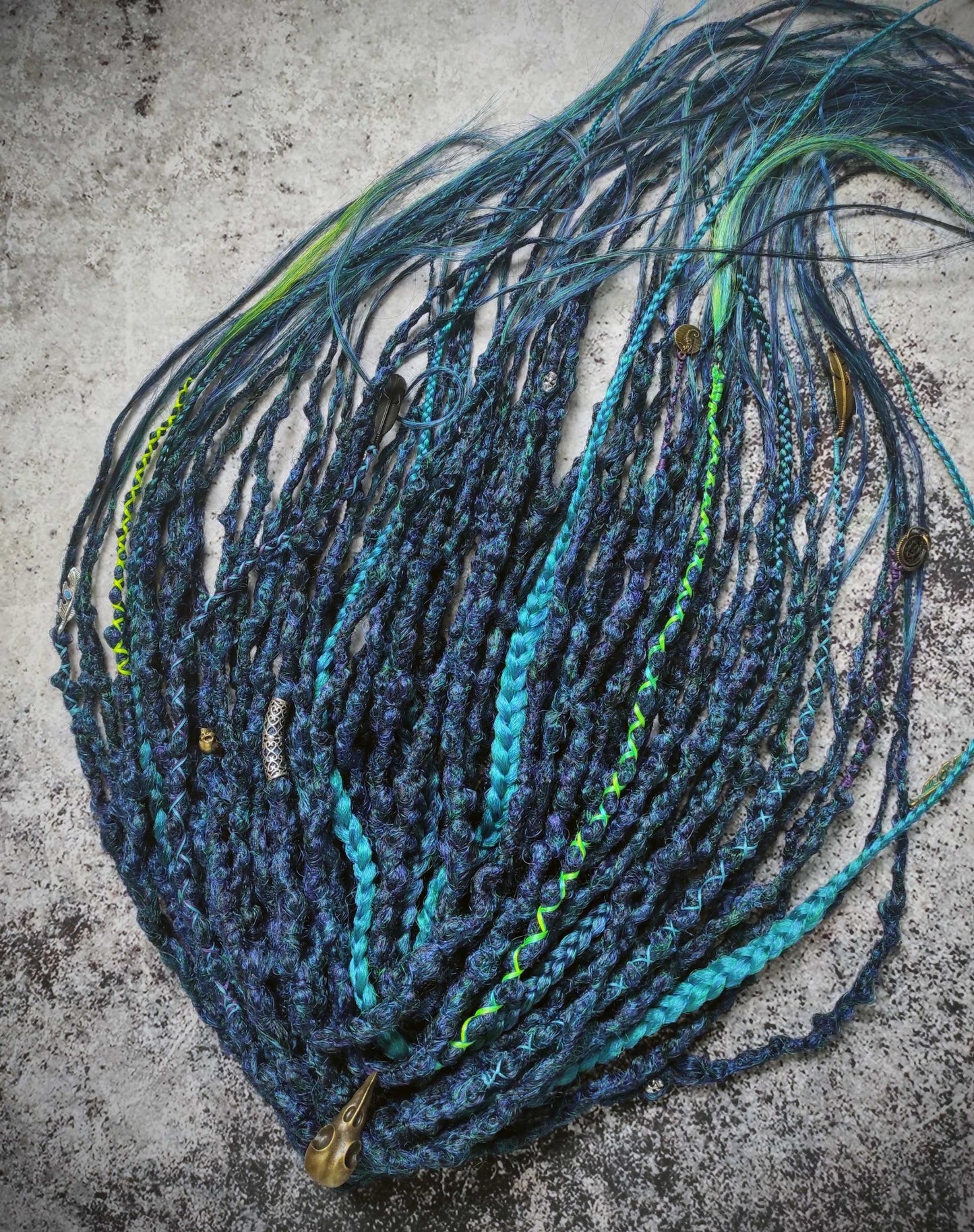 Dark Green Blue Dreads with Braids. Emerald Synthetic Dreads Extensions.
